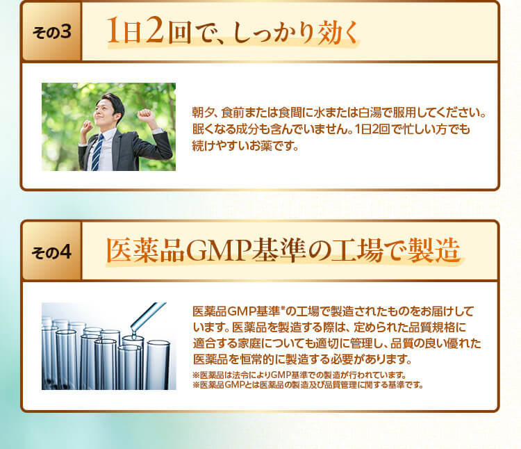 その3 1日2回で、しっかり効く その4 医薬品GMP基準の工場で製造