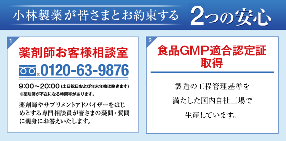 小林製薬が皆さまとお約束する2つの安心1.「薬剤師お客様相談室」0120-63-9876 9:00〜20:00(土日祝日および年末年始は除きます)※薬剤師が不在になる時間帯があります。薬剤師やサプリメントアドバイザーをはじめとする専門相談員が皆さまの疑問・質問に親身にお答えいたします。2.「食品GMP適合認定証取得」製造の工程管理基準を満たした国内自社工場で生産しています。