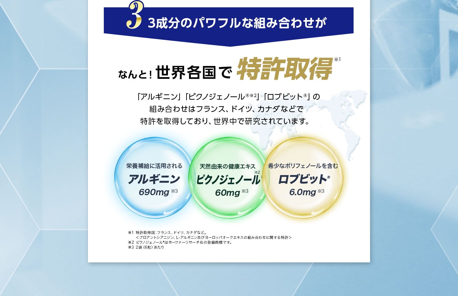 3.3成分のパワフルな組み合わせがなんと！世界各国で特許取得※1「アルギニン」「ピクノジェノール®※2」「ロブビット®」の組み合わせはフランス、ドイツ、カナダなどで特許を取得しており、世界中で研究されています。「 栄養補給に活用される」アルギニン 690mg※3 「天然由来の健康エキス」ピクノジェノール®︎※2 60mg※3 「希少なポリフェノールを含む」ロブビット®︎ 6.0mg※3 ※1 特許取得国：フランス、ドイツ、カナダなど。＜プロアントシアニジン、L-アルギニン及びヨーロッパオークエキスの組み合わせに関する特許＞※2 ピクノジェノール®はホーファーリサーチ社の登録商標です。※3 2袋（6粒）あたり