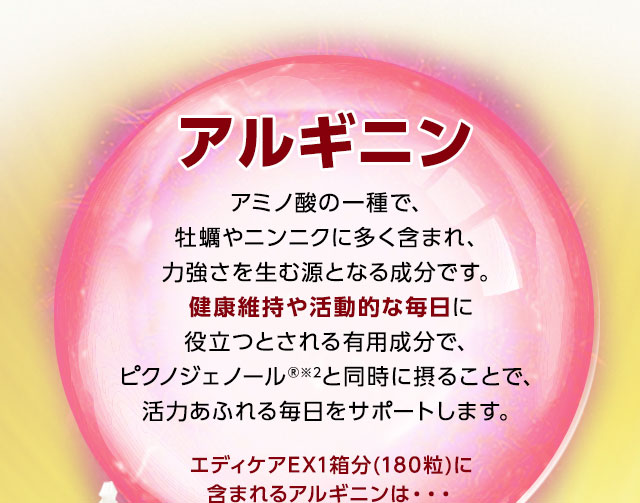 アルギニン アミノ酸の一種で、牡蠣やニンニクに多く含まれ、力強さを生む源となる成分です。健康維持や活動的な毎日に役立つとされる有用成分で、ピクノジェノール®︎※2と同時に摂ることで、活力あふれる毎日をサポートします。エディケアEX1箱分(180粒)に含まれるアルギニンは・・・