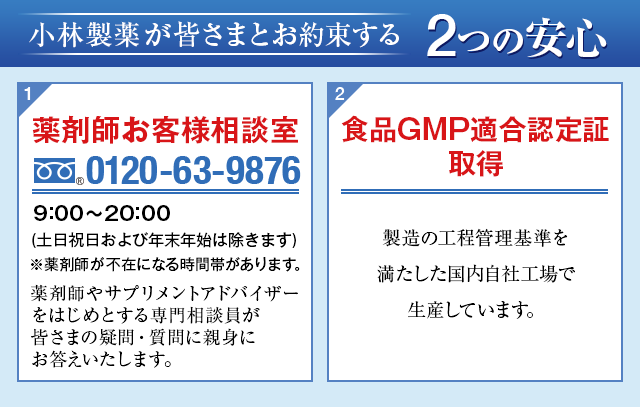 小林製薬が皆さまとお約束する2つの安心1.「薬剤師お客様相談室」0120-63-9876 9:00〜20:00(土日祝日および年末年始は除きます)※薬剤師が不在になる時間帯があります。薬剤師やサプリメントアドバイザーをはじめとする専門相談員が皆さまの疑問・質問に親身にお答えいたします。2.「食品GMP適合認定証取得」製造の工程管理基準を満たした国内自社工場で生産しています。