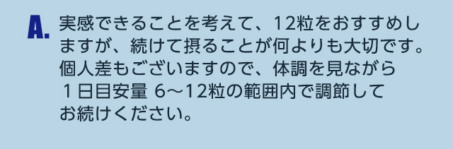 A.実感できることを考えて、12粒をおすすめしますが、続けて摂ることが何よりも大切です。個人差もございますので、体調を見ながら1日目安量6~12粒の範囲内で調節してお続けください。