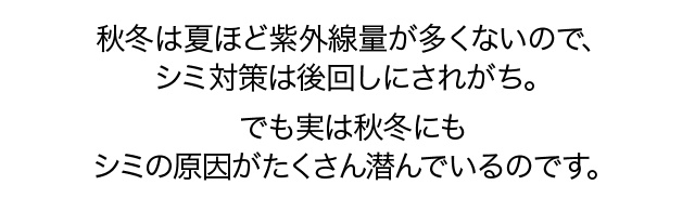 秋冬は夏ほど紫外線量が多くないので、シミ対策は後回しにされがち。でも実は秋冬にもシミの原因がたくさん潜んでいるのです。