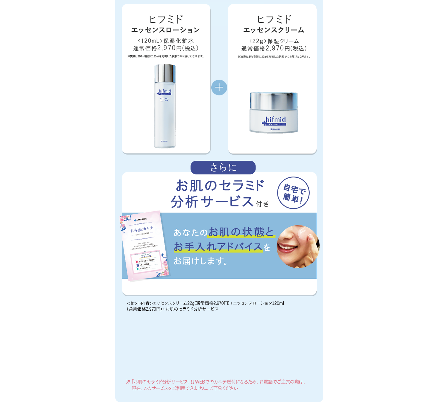 ヒフミドエッセンスクリーム＋ヒフミドエッセンスローションさらにお肌のセラミド分析サービス付き　あなたのお肌の状態とお手入れアドバイスをお届けします。