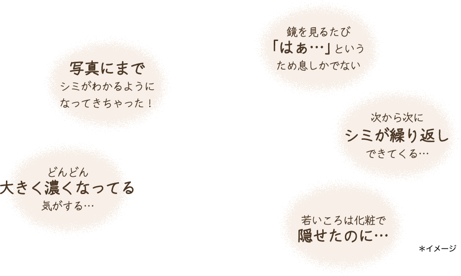 写真にまでシミがわかるようになってきちゃった！　鏡を見るたび「はぁ…」というため息しかでない　どんどん大きく濃くなってる気がする…　次から次にシミが繰り返しできてくる…　若いころは化粧で隠せたのに…　＊イメージ