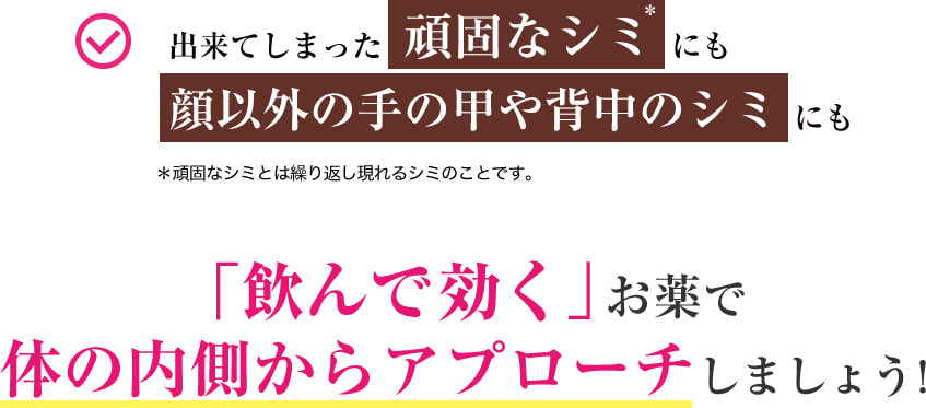 出来てしまった頑固なシミ＊にも顔以外の手の甲や背中のシミにも　＊頑固なシミとは繰り返し現れるシミのことです。　「飲んで効く」お薬で体の内側からアプローチしましょう！