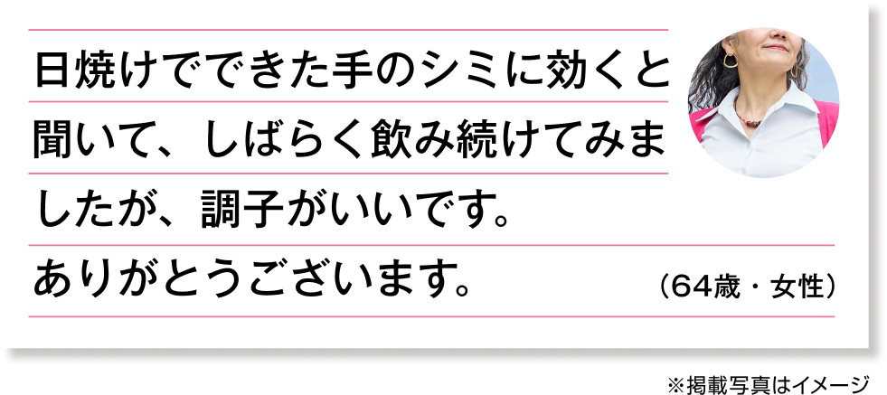 日焼けでできた手のシミに効くと聞いて、しばらく飲み続けてみましたが、調子がいいです。ありがとうございます。（64歳・女性）