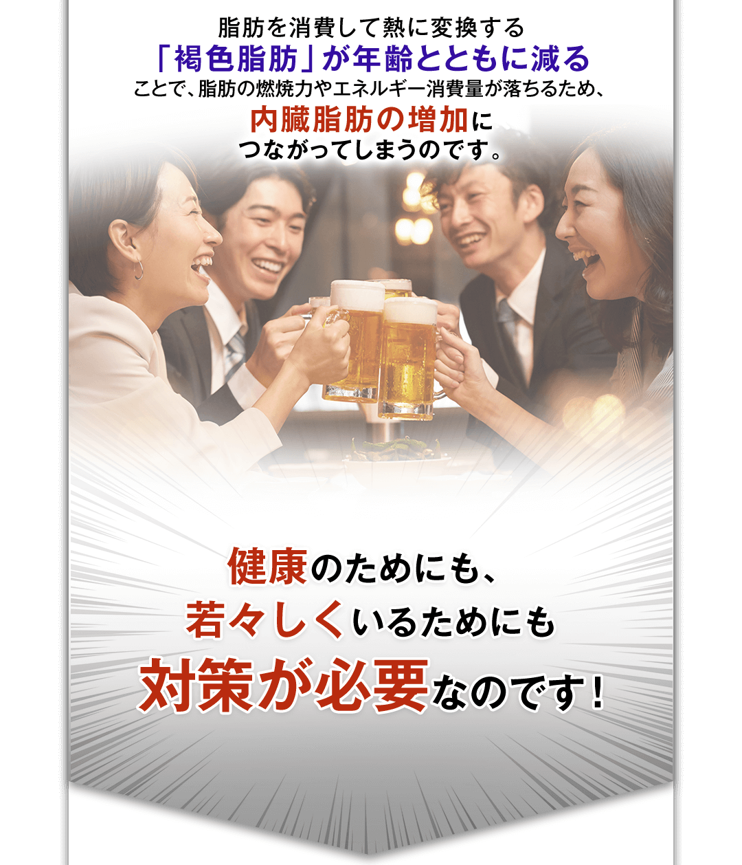 脂肪を消費して熱に変換する「褐色脂肪」が年齢とともに減ることで、脂肪の燃焼力やエネルギー消費量が落ちるため、内臓脂肪の増加に繋がってしまうのです。