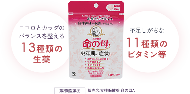 第2類医薬品 販売名：女性保健薬 命の母A「ココロとカラダのバランスを整える13種類の生薬」「不足しがちな11種類のビタミン等」