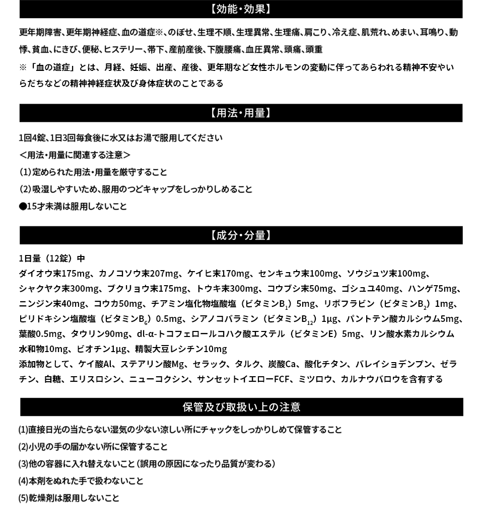 効能・効果、用法・用量、成分・分量、保管及び取扱い上の注意