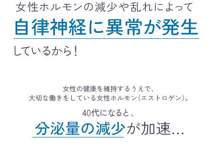 女性ホルモンの減少や乱れによって自律神経に異常が発生しているから！女性の健康を維持するうえで、大切な働きをしている女性ホルモン（エストロゲン）。40代になると分泌量の減少が加速...