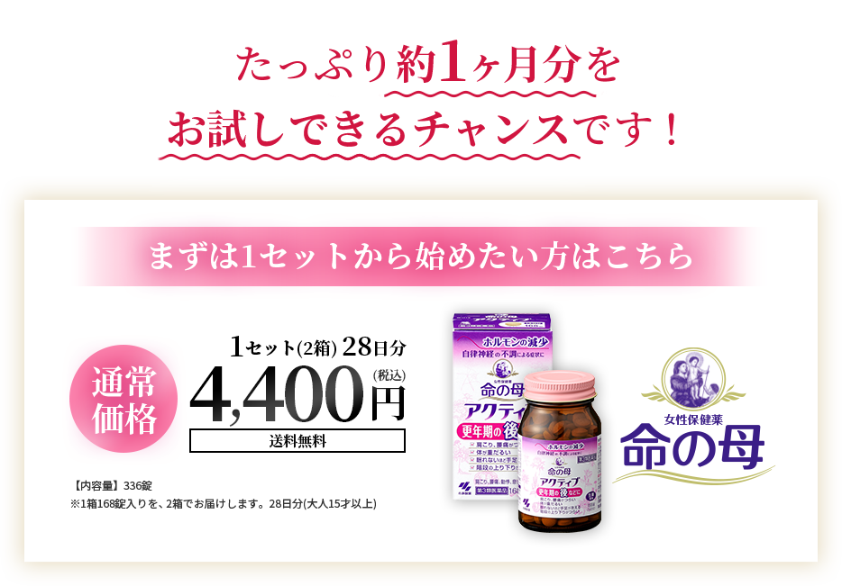 たっぷり約1ヶ月分を お試しできるチャンスです！まずは1セットから 始めたい方はこちら 通常価格 1セット（2箱）28日分 4,400円（税込） 送料無料