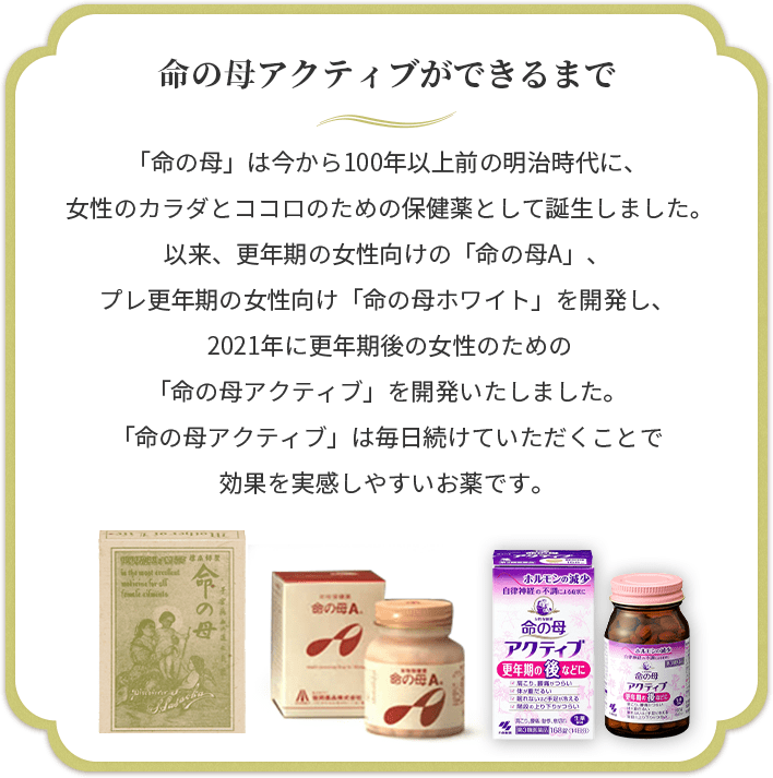 命の母アクティブができるまで「命の母」は今から100年以上前の明治時代に、女性のカラダとココロのための保健薬として誕生しました。 以来、更年期の女性向けの「命の母A」、プレ更年期の女性向け「命の母ホワイト」を開発し、2021年に更年期後の女性のための「命の母アクティブ」を開発いたしました。 「命の母アクティブ」は毎日続けていただくことで効果を実感しやすいお薬です。