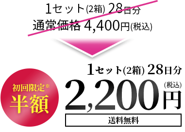1セット(2箱) 28日分通常価格 4,400円(税込)が初回限定※半額1セット(2箱) 28日分2,200円(税込)送料無料