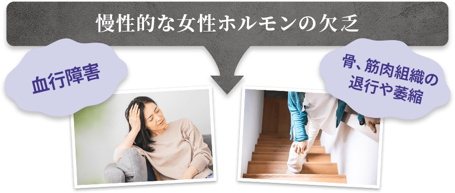 慢性的な女性ホルモンの欠乏「血行障害」「骨、筋肉組織の退行や萎縮」