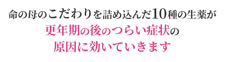 命の母のこだわりを詰め込んだ10種の生薬が更年期の後のつらい症状の原因に効いていきます
