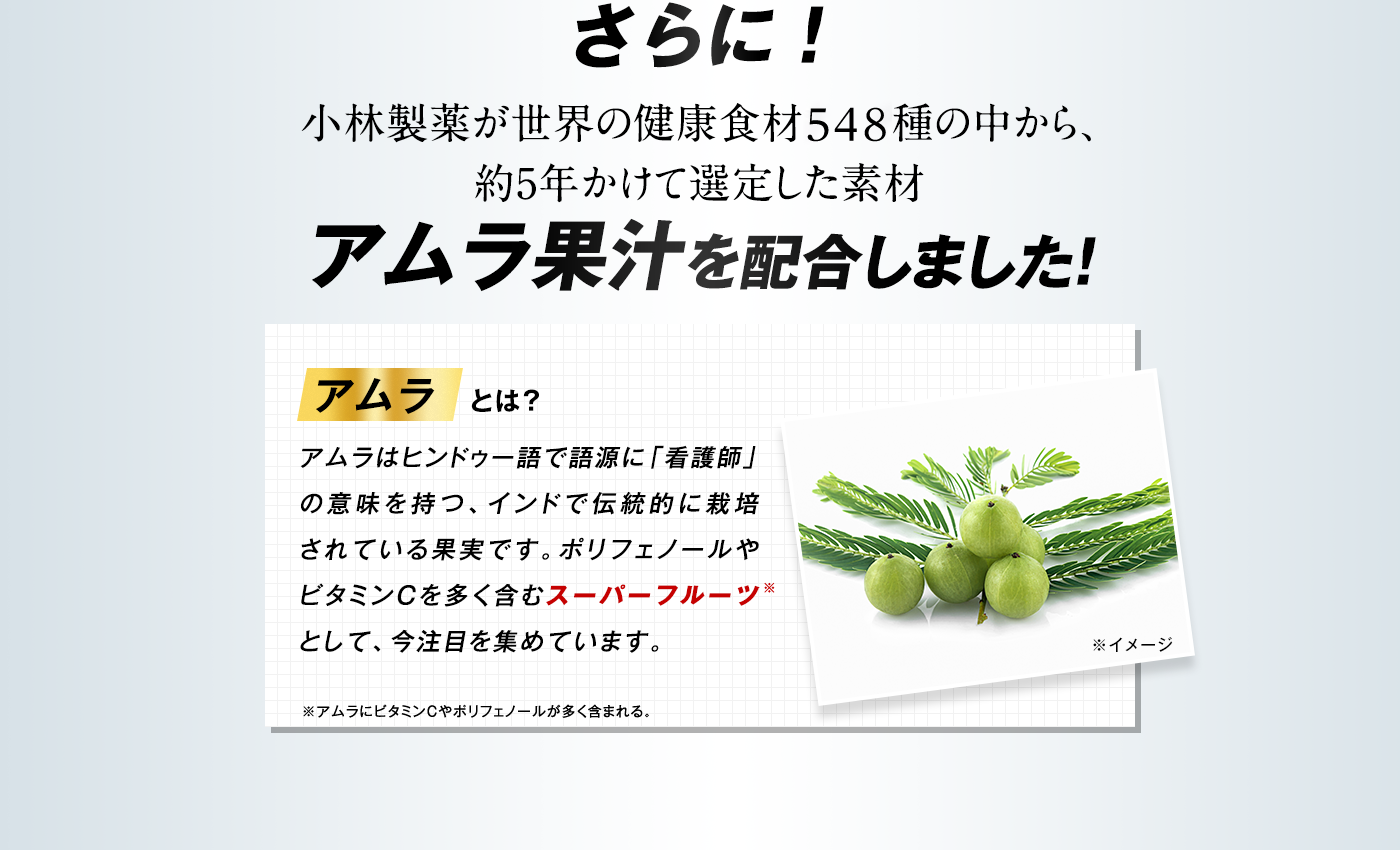 さらに！小林製薬が世界の健康食材1700種の中から、約5年かけて選定した素材アムラ果汁を配合しました！　アムラとは？アムラはヒンドゥー語で語源に「看護師」の意味を持つ、インドで伝統的に栽培されている果実です。ポリフェノールやビタミンCを多く含むスーパーフルーツとして、今注目を集めています。