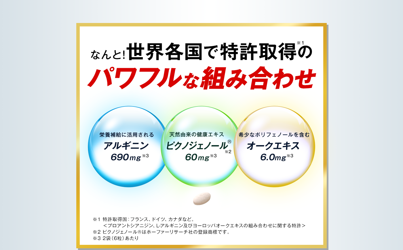 なんと！世界各国で特許取得※1のパワフルな組み合わせ　栄養補給に活用されるアルギニン690mgと天然由来の健康エキスピクノジェノール®60mg※2希少なポリフェノールを含むオークエキス6.0mg