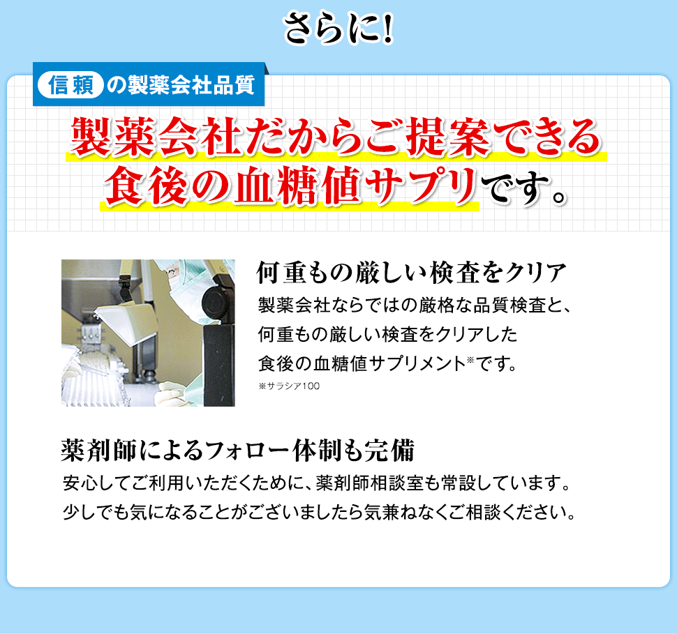 さらに！
信頼の製薬会社品質　製薬会社だからご提案できる食後の血糖値サプリです。　何重もの厳しい検査をクリア　製薬会社ならではの厳格な品質検査と、何重もの厳しい検査をクリアした食後の血糖値サプリメントです。　薬剤師によるフォロー体制も完備　安心してご利用いただくために、薬剤師相談室も常設しています。少しでも気になることがございましたら気兼ねなくご相談ください。