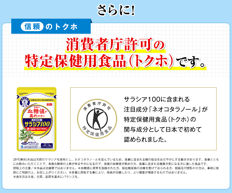 さらに！　信頼のトクホ　消費者庁許可の特定保健用食品（トクホ）です。　サラシア100に含まれる特許成分「ネオコタラノール」が特定保健用食品（トクホ）の関与成分として日本で初めて認められました。