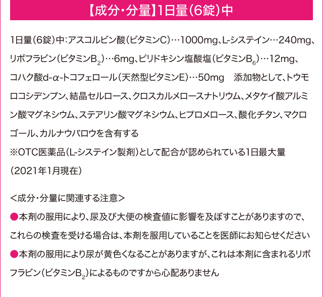 【成分・分量】1日量（6錠）中　1日量(6錠)中：アスコルビン酸（ビタミンC）…1000mg、L-システイン…240mg、リボフラビン(ビタミンB2)…6㎎、ピリドキシン塩酸塩(ビタミンB6)…12㎎、コハク酸d-α-トコフェロール（天然型ビタミンE)…50mg　添加物として、トウモロコシデンプン、結晶セルロース、クロスカルメロースナトリウム、メタケイ酸アルミン酸マグネシウム、ステアリン酸マグネシウム、ヒプロメロース、酸化チタン、マクロゴール、カルナウバロウを含有する　※OTC医薬品(L-システイン製剤)として配合が認められている1日最大量(2021年1月現在)　＜成分・分量に関連する注意＞●本剤の服用により、尿及び大便の検査値に影響を及ぼすことがありますので、これらの検査を受ける場合は、本剤を服用していることを医師にお知らせください●本剤の服用により尿が黄色くなることがありますが、これは本剤に含まれるリボフラビン（ビタミンB2）によるものですから心配ありません