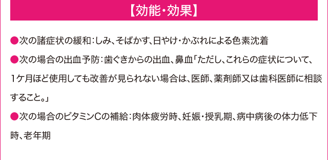 【効能・効果】　●次の諸症状の緩和：しみ、そばかす、日やけ・かぶれによる色素沈着●次の場合の出血予防：歯ぐきからの出血、鼻血「ただし、これらの症状について、１ケ月ほど使用しても改善が見られない場合は、医師、薬剤師又は歯科医師に相談すること。」●次の場合のビタミンCの補給：肉体疲労時、妊娠・授乳期、病中病後の体力低下時、老年期