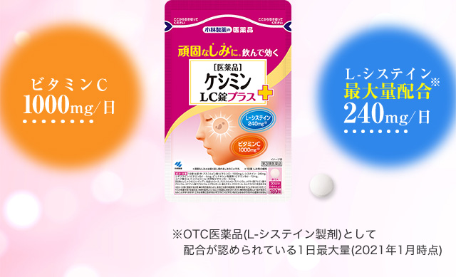 ビタミンＣ1000mg/日 L-システイン最大量配合※240mg/日 ※OTC医薬品(L-システイン製剤)として配合が認められている1日最大量(2021年1月現在)