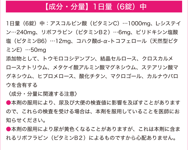 【成分・分量】1日量（6錠）中 -- 1日量(6錠)中:アスコルビン酸（ビタミンC）…1000mg、L-システイン…240mg、リボフラビン(ビタミンB2)…6㎎、ピリドキシン塩酸塩(ビタミンB6)…12㎎、コハク酸d-α-トコフェロール（天然型ビタミンE）…50mg 添加物として、トウモロコシデンプン、結晶セルロース、クロスカルメロースナトリウム、メタケイ酸アルミン酸マグネシウム、ステアリン酸マグネシウム、ヒプロメロース、酸化チタン、マクロゴール、カルナウバロウを含有する ＜成分・分量に関連する注意＞ ●本剤の服用により、尿及び大便の検査値に影響を及ぼすことがありますので、これらの検査を受ける場合は、本剤を服用していることを医師にお知らせください。 ●本剤の服用により尿が黄色くなることがありますが、これは本剤に含まれるリボフラビン（ビタミンB2）によるものですから心配ありません。