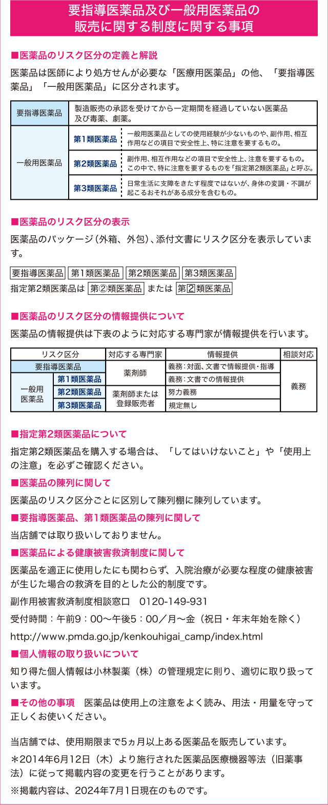 要指導医薬品及び一般用医薬品の販売に関する制度に関する事項 -- ■医薬品のリスク区分の定義と解説 医薬品は医師により処方せんが必要な「医療用医薬品」の他、「要指導医薬品」「一般用医薬品」に区分されます。 ■医薬品のリスク区分の表示 医薬品のパッケージ（外箱、外包）および添付文書にリスク区分を表示しています。 要指導医薬品  第1類医薬品  第2類医薬品  第3類医薬品   指定第2類医薬品は  第②類医薬品  または  第2類医薬品 ■医薬品のリスク区分の情報提供について 医薬品の情報提供は右表のように対応する専門家が情報提供を行います。 ■指定第2類医薬品について 指定第2類医薬品を購入する場合は、「してはいけないこと」や「使用上の注意」を必ずご確認ください。 ■医薬品の陳列に関して 医薬品のリスク区分ごとに区別して陳列棚に陳列しています。 ■要指導医薬品、第1類医薬品の陳列に関して 当店舗では取り扱いしておりません。 ■医薬品による健康被害救済制度に関して 医薬品を適正に使用したにも関わらず、入院治療が必要な程度の健康被害が生じた場合の救済を目的とした公的制度です。 副作用被害救済制度相談窓口 0120-149-931 受付時間：午前9：00~午後5：00/月~金（祝日・年末年始を除く）http://www.pmda.go.jp/kenkouhigai_camp/index.html ■個人情報の取り扱いについて 知り得た個人情報は小林製薬（株）の管理規定に則り、適切に取り扱っています。 ■その他の事項 医薬品は使用上の注意をよく読み、用法・用量を守って正しくお使いください。当店舗では、使用期限まで5ヵ月以上ある医薬品を販売しています。 ＊2014年6月12日（木）より施行された医薬品医療機器等法（旧薬事法）に従って掲載内容の変更を行うことがあります。※掲載内容は、2024年7月1日現在のものです。