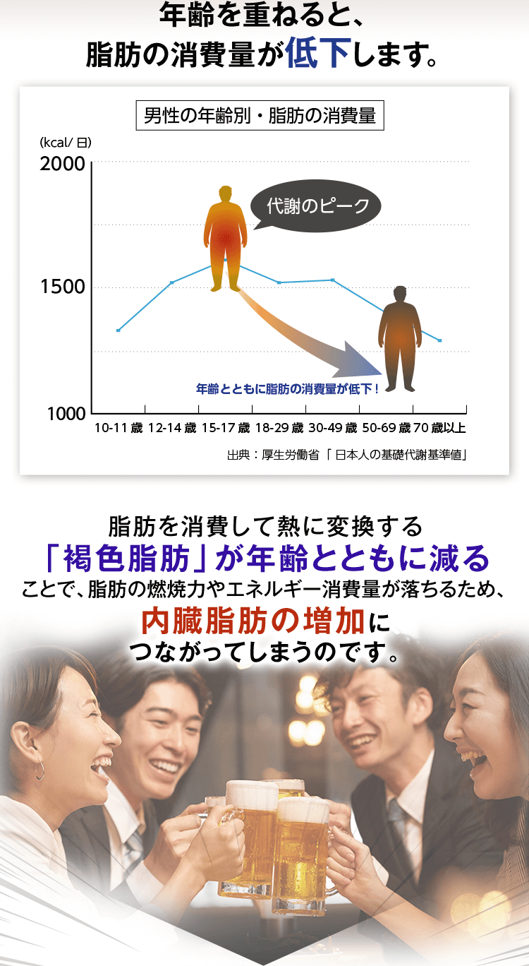 年齢を重ねると、脂肪の消費量が低下します。 男性の年齢別・脂肪の消費量グラフ 脂肪を消費して熱に変換する「褐色脂肪」が年齢とともに減ることで、脂肪の燃焼力やエネルギー消費量が落ちるため、内臓脂肪の増加につながってしまうのです。