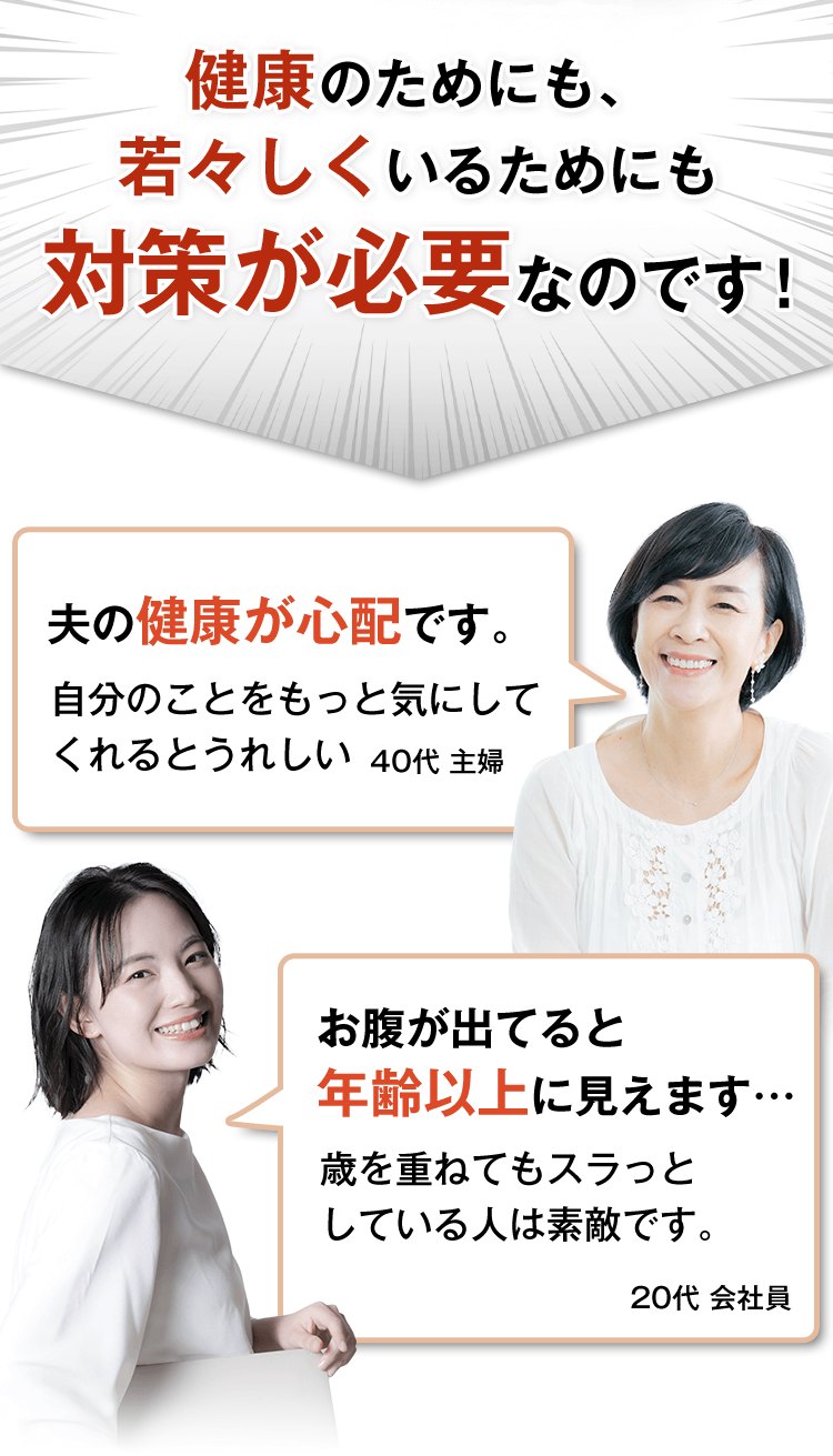 健康のためにも、若々しくいるためにも対策が必要なのです！ 夫の健康が心配です。自分のことをもっと気にしてくれるとうれしい 40代主婦　お腹が出てると年齢以上に見えます…年を重ねてもスラっとしている人は素敵です。20代会社員