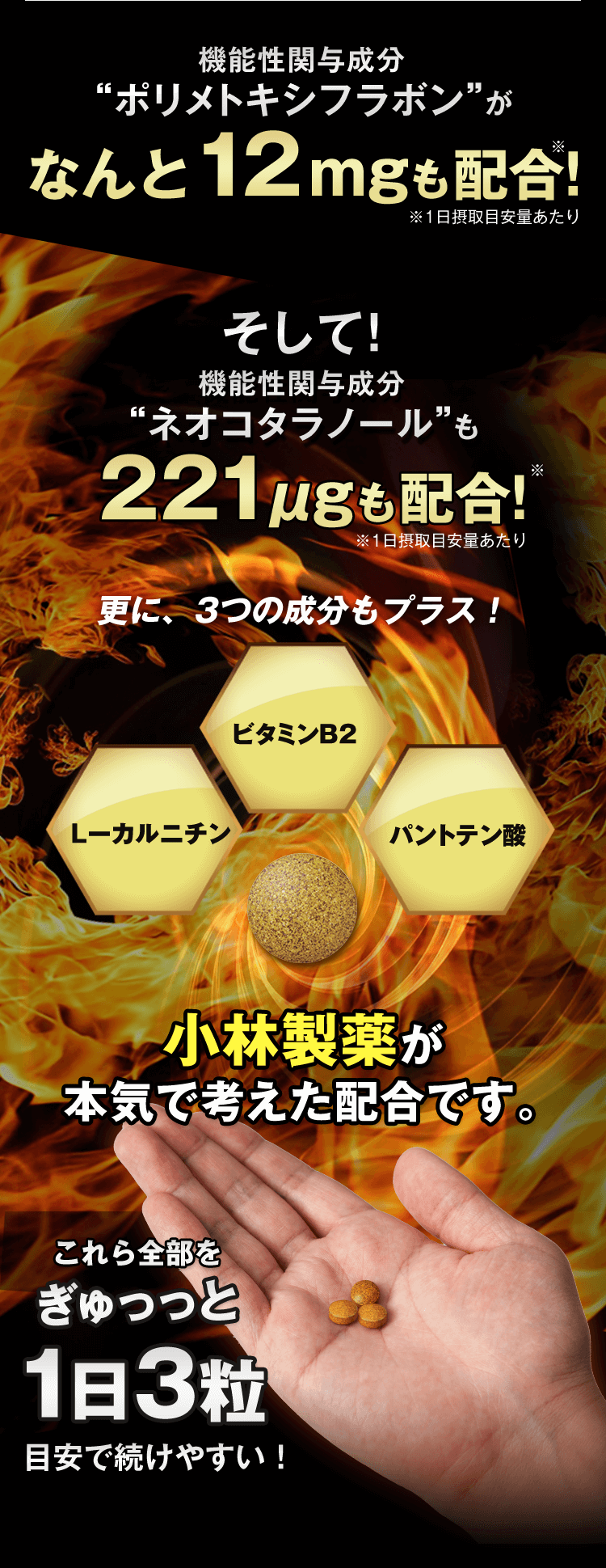 機能性関与成分”ポリメトキシフラボン”がなんと12mgも配合!※1日摂取目安あたり そして!機能性関与成分”ネオコタラノール”も221μgも配合!※1日摂取目安あたり 更に3つの成分もプラス! L-カルニチン ビタミンB2 パントテン酸 小林製薬が本気で考えた配合です。これら全部をぎゅっっと1日3粒目安で続けやすい!