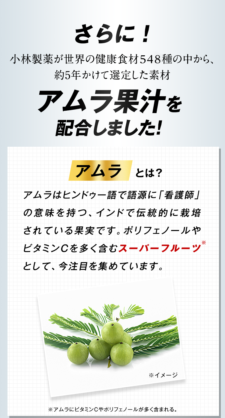 さらに！小林製薬が世界の健康食材1700種の中から、約5年かけて選定した素材アムラ果汁を配合しました！　アムラとは？アムラはヒンドゥー語で語源に「看護師」の意味を持つ、インドで伝統的に栽培されている果実です。ポリフェノールやビタミンCを多く含むスーパーフルーツとして、今注目を集めています。