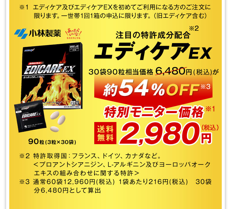 注目の特許成分配合 エディケアEX 180粒(3粒×60袋) 相当価格12,960円（税込）が50%OFF 特別モニター価格 送料無料6,480円（税込）